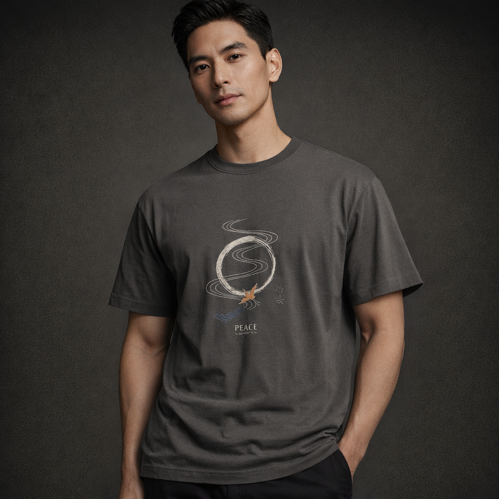 Man wearing a dark gray t-shirt with a graphic design on a dark background