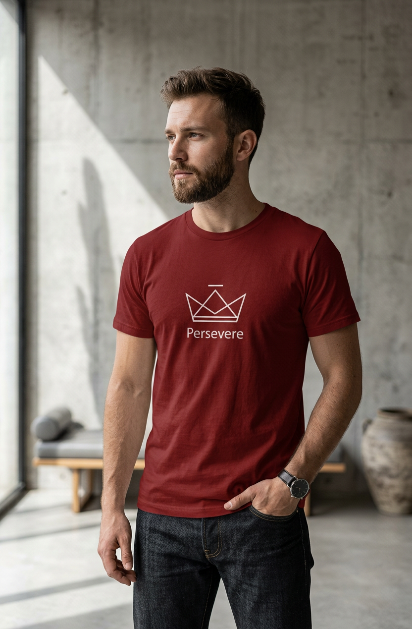 A man wearing a dark red crewneck t-shirt with a white crown graphic and the word 'Persevere' printed on the chest, standing in a modern concrete-walled room.