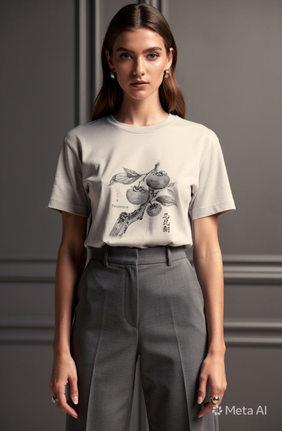 Woman wearing a light gray t-shirt with a graphic design and gray pants against a neutral background