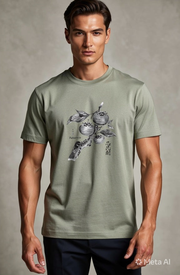 Man wearing a green t-shirt with a graphic design on a plain background