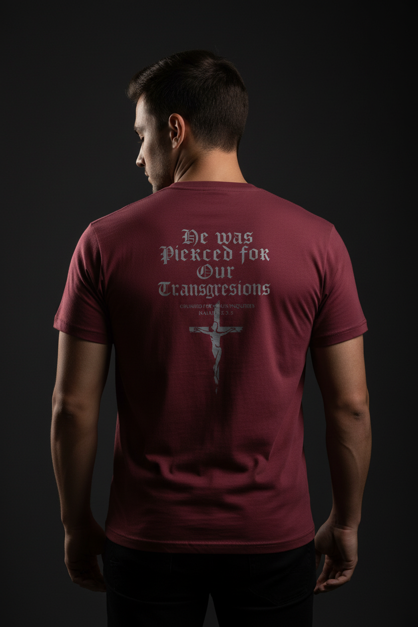 Male model wearing Pierced For Our Transgressions Men's Premium Tee in Maroon — editorial style back view showing Isaiah 53:5 scripture design, Christian tee by 4HG