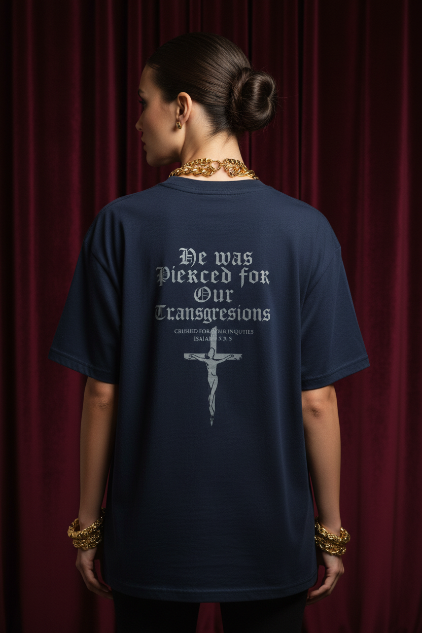 Female model wearing Pierced For Our Transgressions Men's Premium Tee in Navy — editorial style back view showing Isaiah 53:5 scripture design, Christian tee by 4HG
