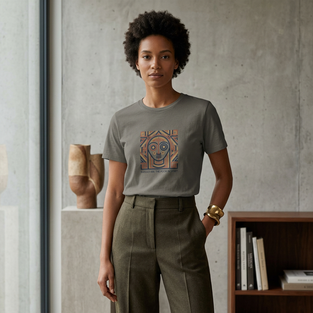 Woman wearing a gray t-shirt with a graphic design in a room with a concrete wall and bookshelf.