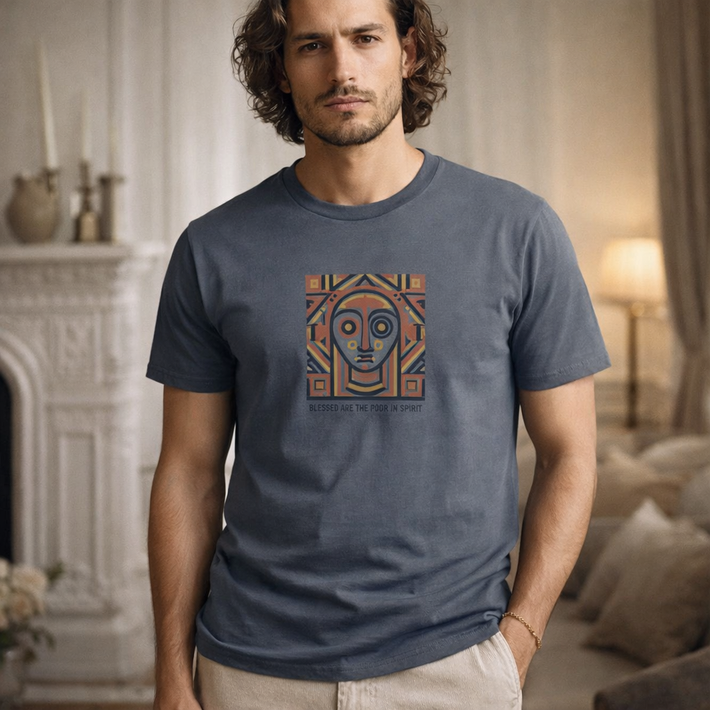 Man wearing a blue t-shirt with a geometric face design in a living room.