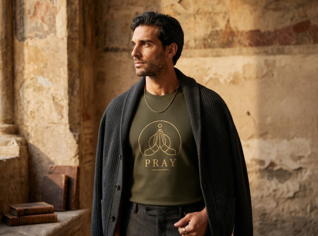 A man wearing an olive green crewneck t-shirt with a gold 'PRAY' graphic, styled with a dark gray open-front cardigan and dark trousers, standing in a rustic stone interior.