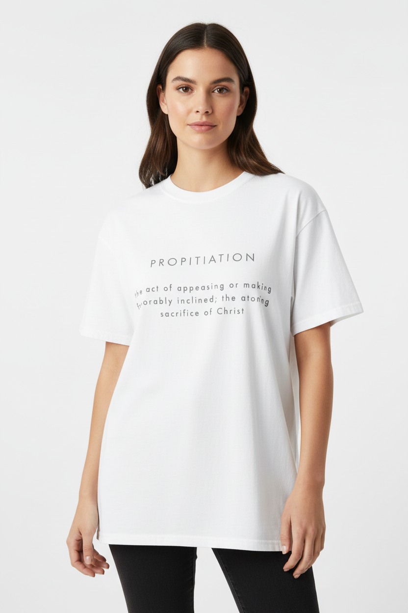 Female model wearing Propitiation Garment-Dyed T-Shirt in White — editorial style front view, Propitiation theology wordmark design, heavyweight garment-dyed Christian tee by 4HG