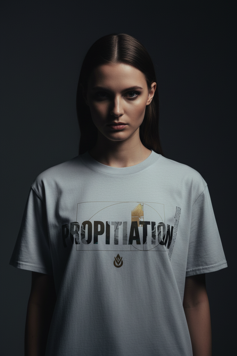 Female model wearing Propitiation Heavy Faded Tee in Faded White — editorial style front view, Propitiation theology design, 7.1 oz heavyweight garment-dyed Christian tee by 4HG