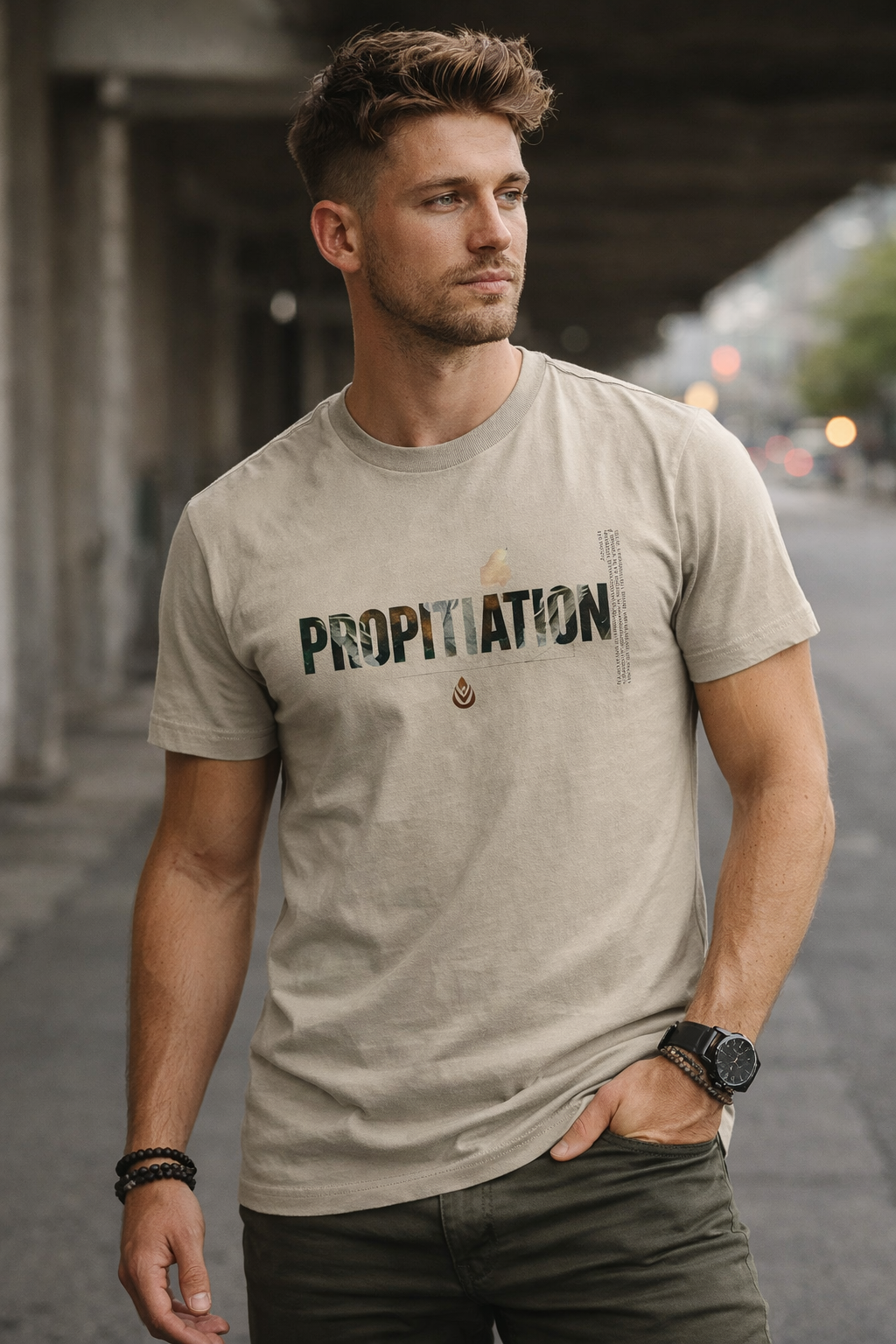 Male model wearing Propitiation Heavy Faded Tee in Faded Ecru — editorial style front view, Propitiation theology design, 7.1 oz heavyweight garment-dyed Christian tee by 4HG