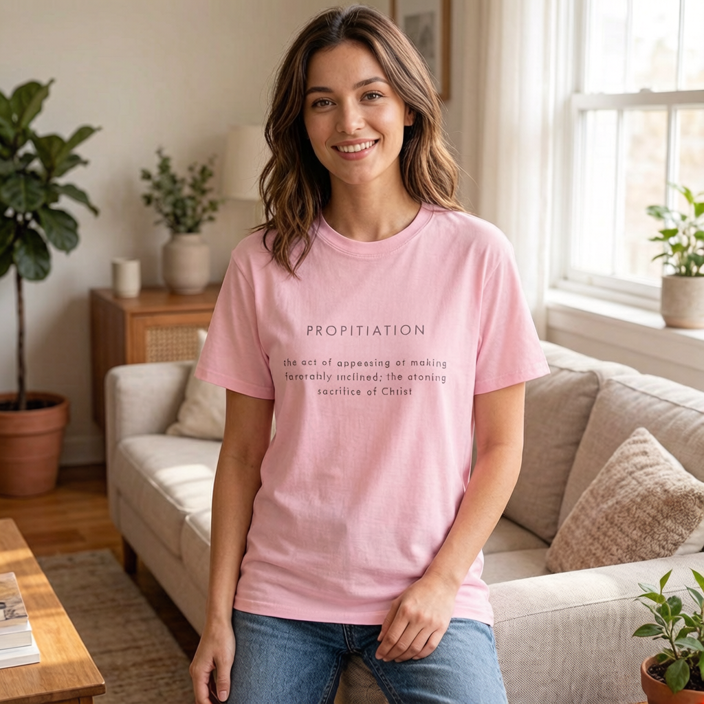 Female model wearing Propitiation Garment-Dyed T-Shirt in Blossom — lifestyle front view, Propitiation theology wordmark design, heavyweight garment-dyed Christian tee by 4HG