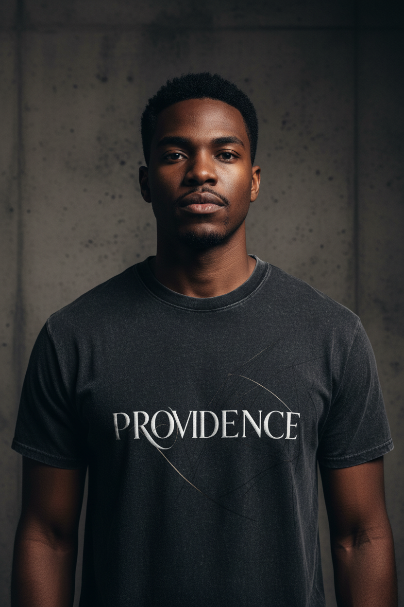 Male model wearing Providence Heavy Tee in Black Stone — editorial style front view, Romans 8:28 Providence design, stone wash Christian tee by 4HG