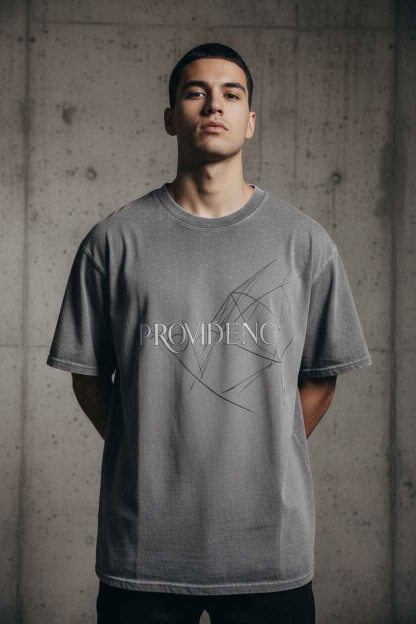 Male model wearing Providence Heavy Tee in Grey Stone — editorial style front view, Romans 8:28 Providence design, stone wash Christian tee by 4HG