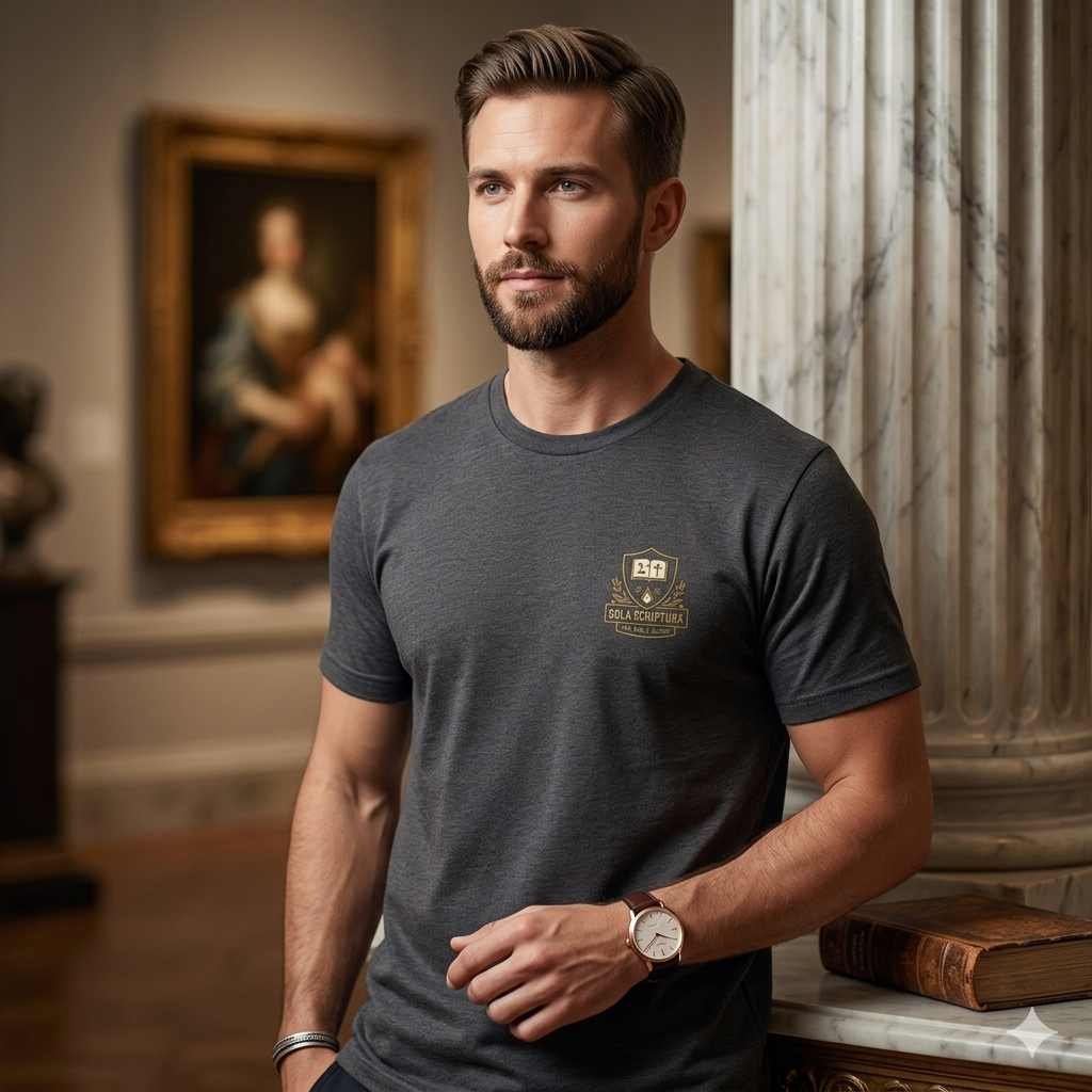 Man wearing a dark gray t-shirt with a logo in an elegant room with classical architecture.