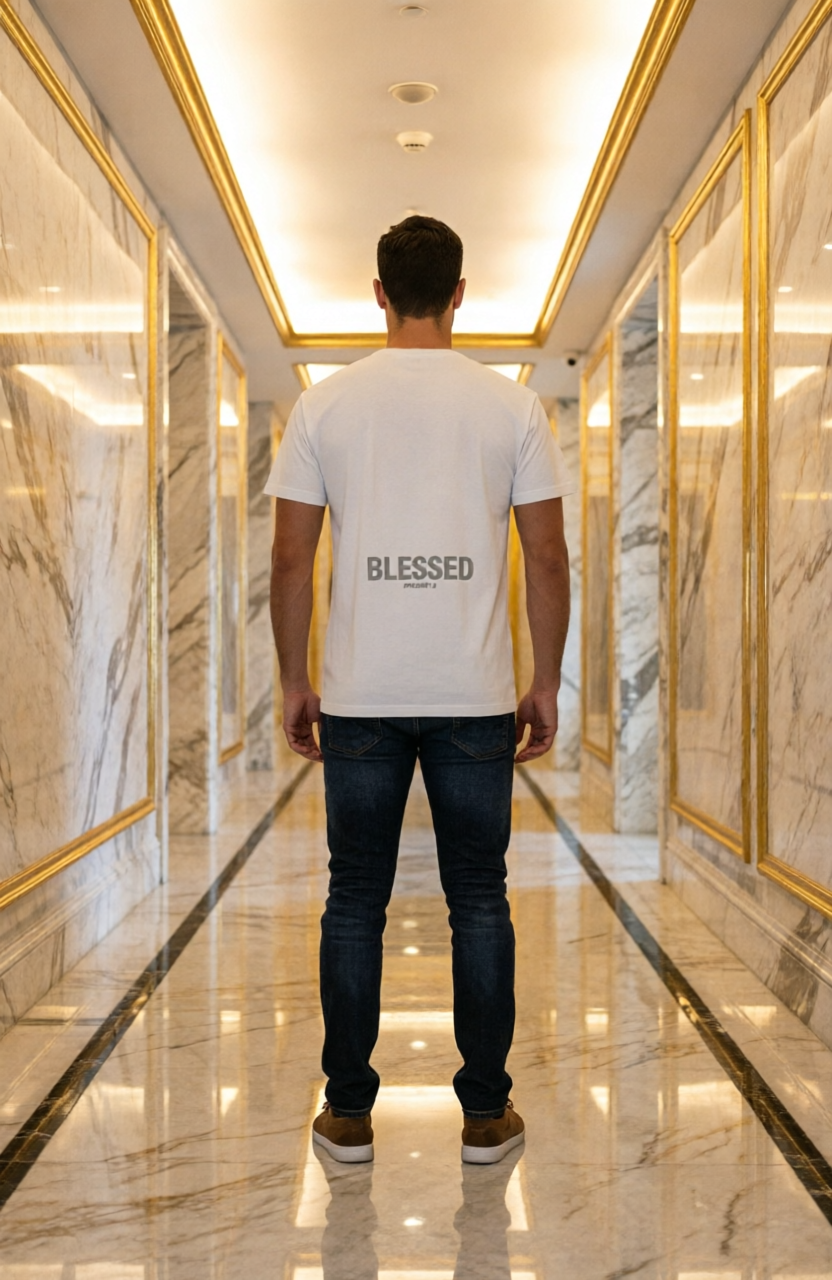 Male model wearing Blessed Super Heavyweight Tee in Bone — editorial style, Ephesians 1:3 scripture design, oversized Christian tee by 4HG