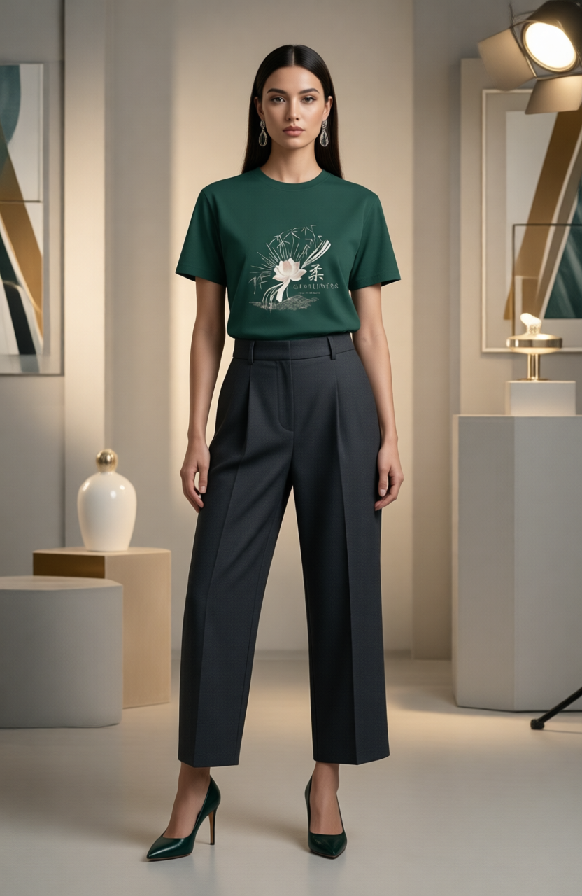 Woman wearing a green t-shirt with a graphic design in a modern interior setting
