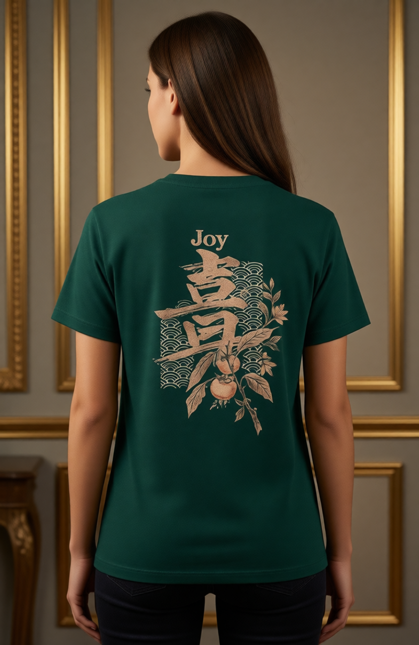 Person wearing a green t-shirt with 'Joy' and floral design on the back, standing in an elegant interior setting.