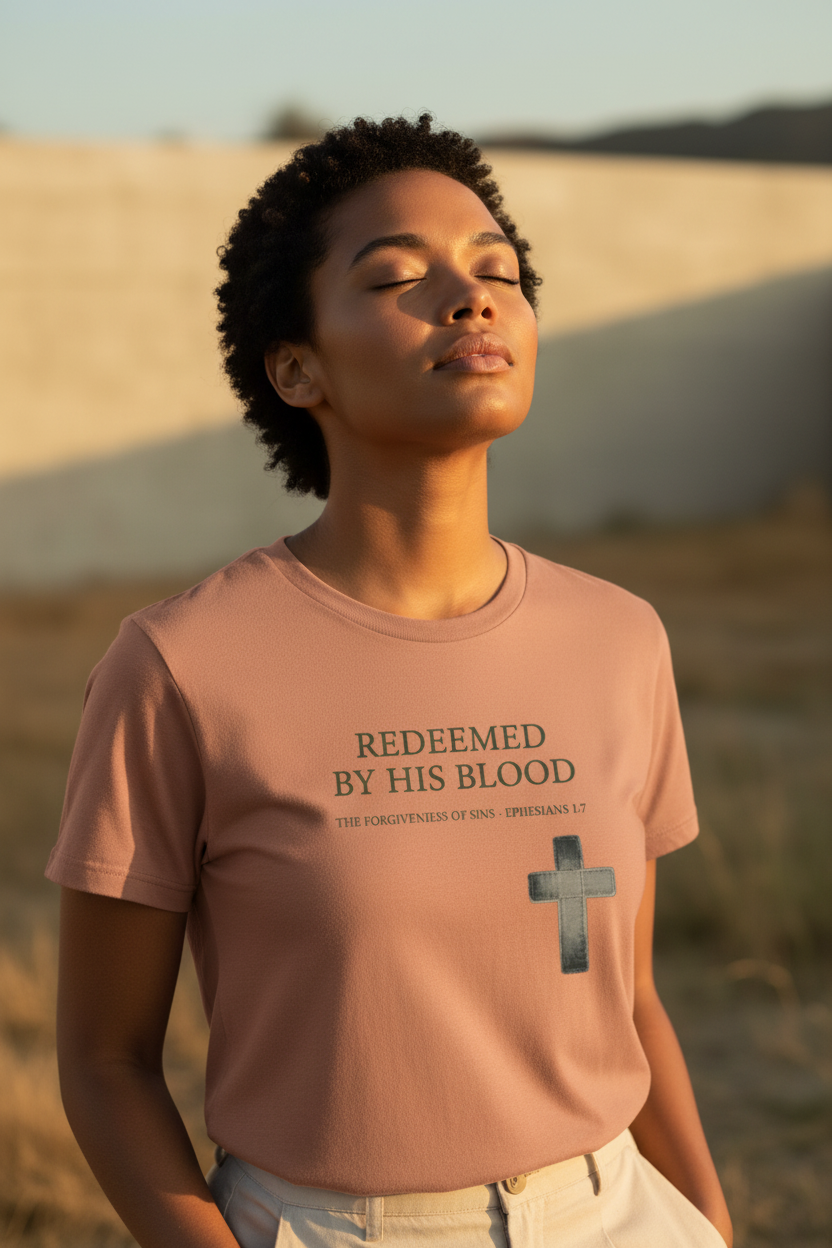 Female model wearing Redeemed By His Blood Premium Core Tee in Desert Rose — editorial style front view, 1 Peter 1:18-19 scripture design, Christian tee by 4HG