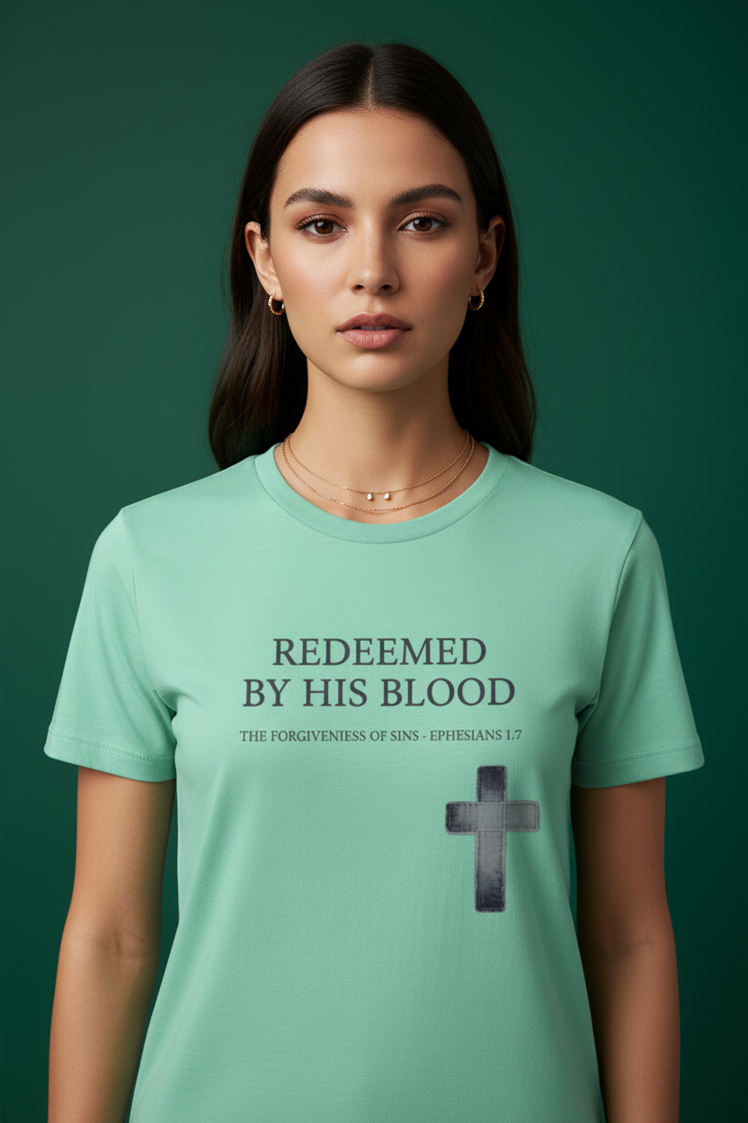 Female model wearing Redeemed By His Blood Premium Core Tee in Mint — editorial style front view, 1 Peter 1:18-19 scripture design, Christian tee by 4HG