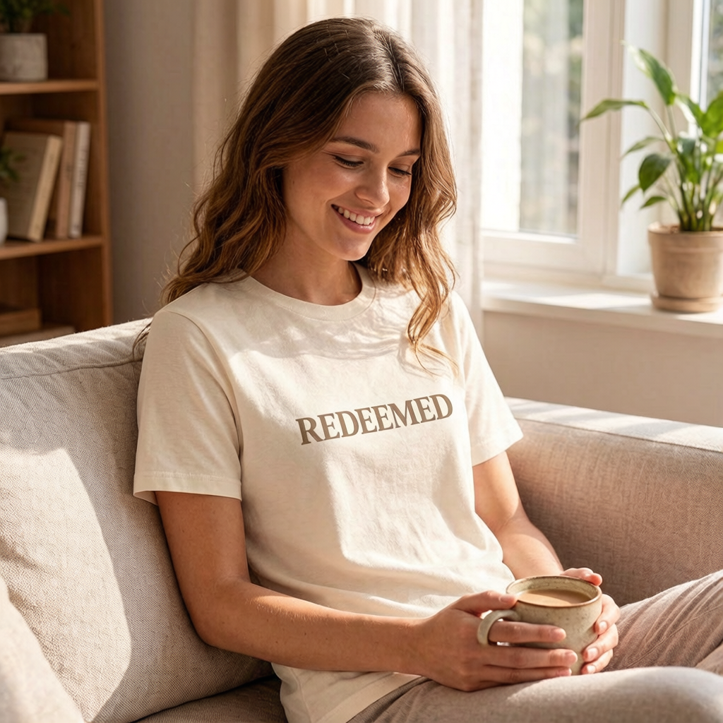 Woman sitting on a couch holding a mug, wearing a 'REDEEMED' t-shirt in a cozy living room.