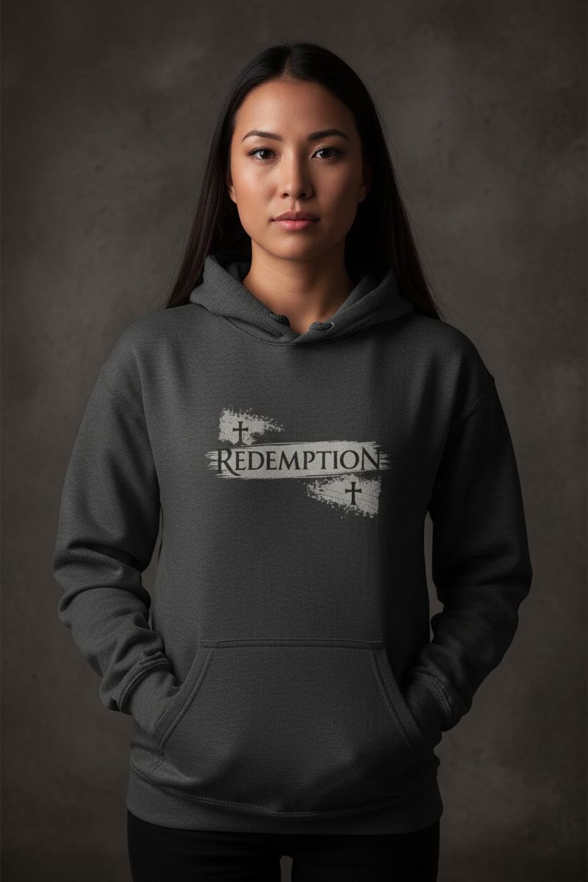 Female model wearing Redemption Pullover Hoodie in Charcoal — editorial style front view, Redemption gospel design, premium faith-based hoodie by 4HG