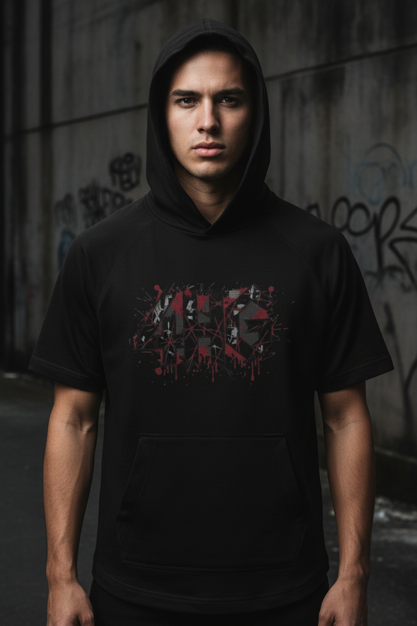 Male model wearing Redemption Punk Short Sleeve Hoodie in Black Triad Solid — editorial style front view, Redemption gospel design, moisture-wicking performance faith-based hoodie by 4HG