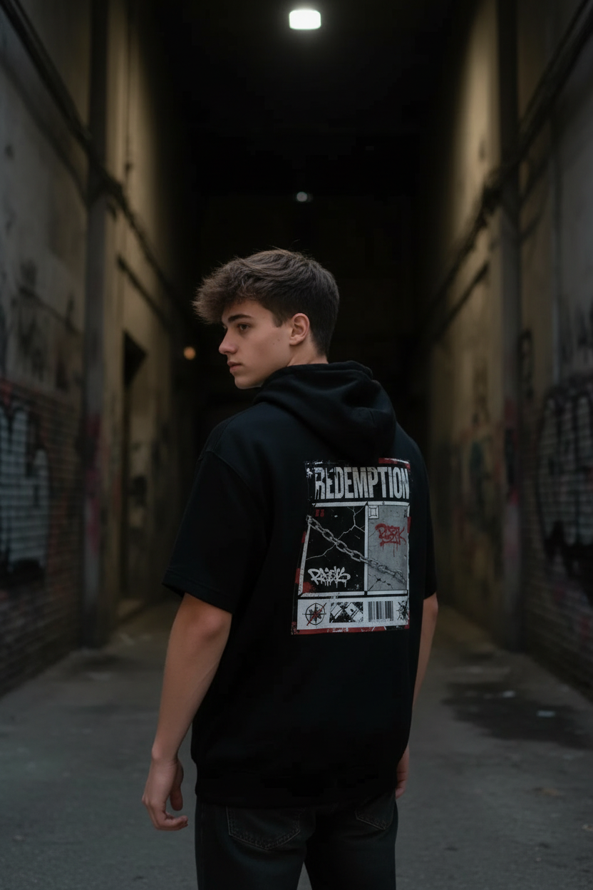 Male model wearing Redemption Punk Short Sleeve Hoodie in Black Triad Solid — editorial style back view showing Redemption design, moisture-wicking performance faith-based hoodie by 4HG