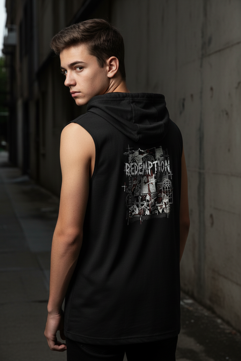 Male model wearing Redemption Sleeveless Hoodie in Black — editorial style back view showing Redemption design, moisture-wicking PosiCharge performance faith-based hoodie by 4HG