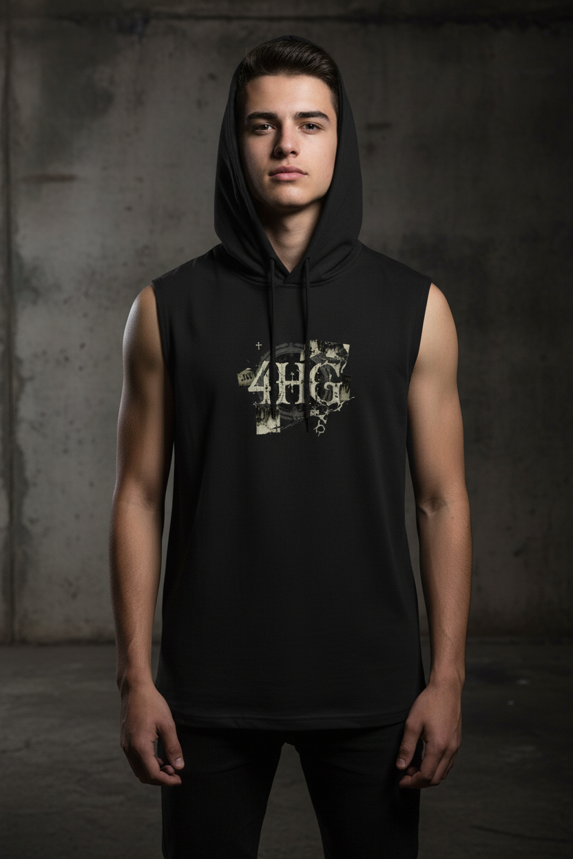 Redemption Sleeveless Hoodie in Black — front view showing Redemption gospel graphic, lightweight UPF 30 PosiCharge performance faith-based hoodie by 4HG

