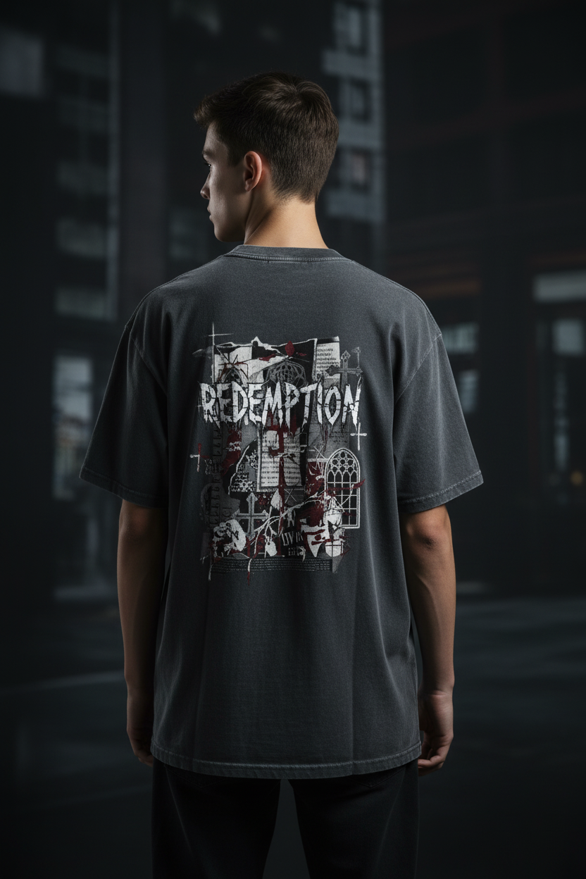 Redemption men's black stone wash heavy tee – editorial back view, theology-inspired apparel by 4HG