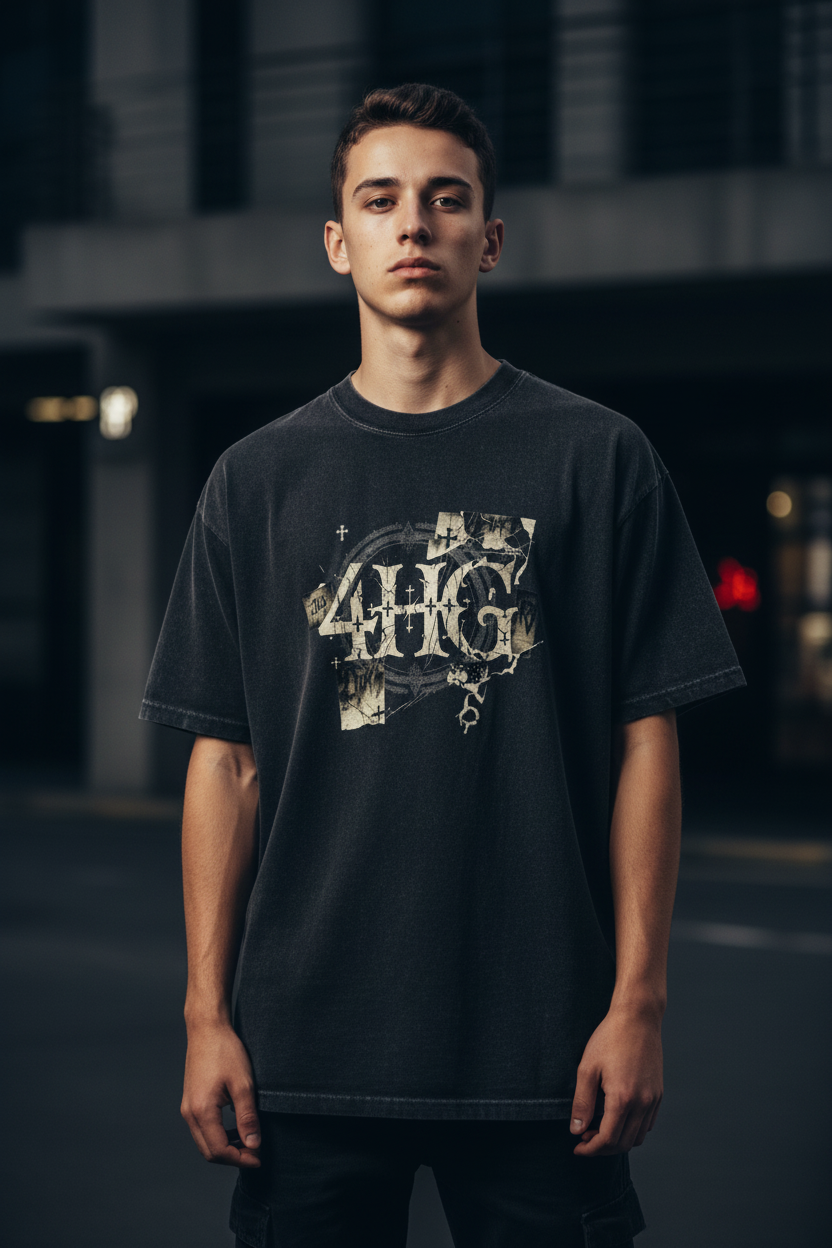 Redemption men's black stone wash heavy tee – editorial front view, Christian apparel by For His Glory