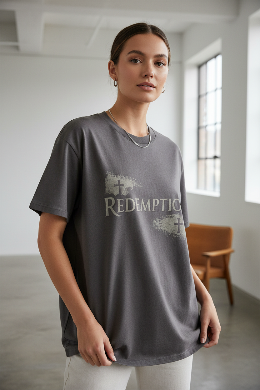 Redemption Street women's faded indigo heavy tee – editorial front view, faith-based apparel by 4HG