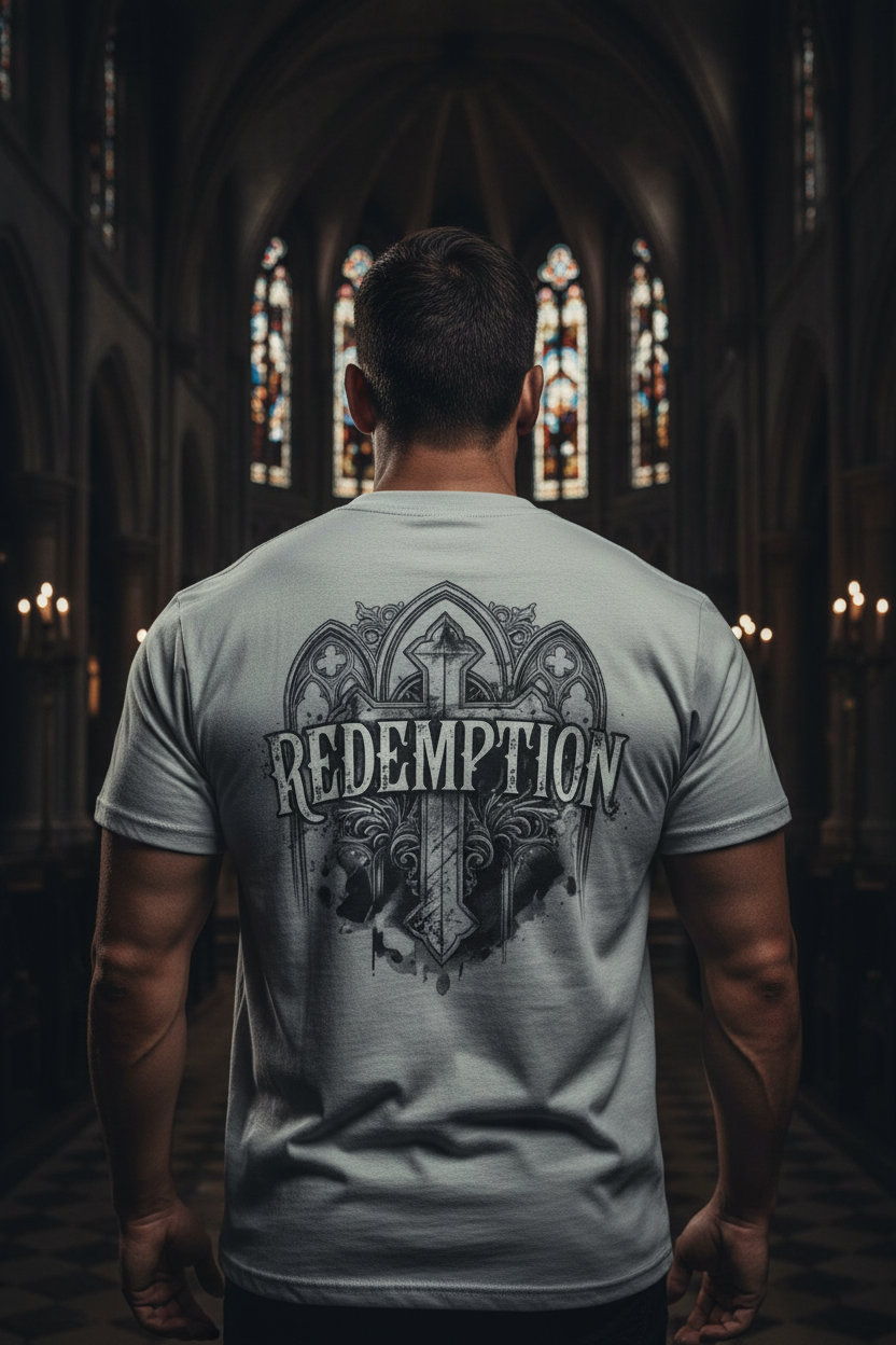 Redemption Gothic men's faded storm heavy tee – editorial back view, faith-based apparel by 4HG