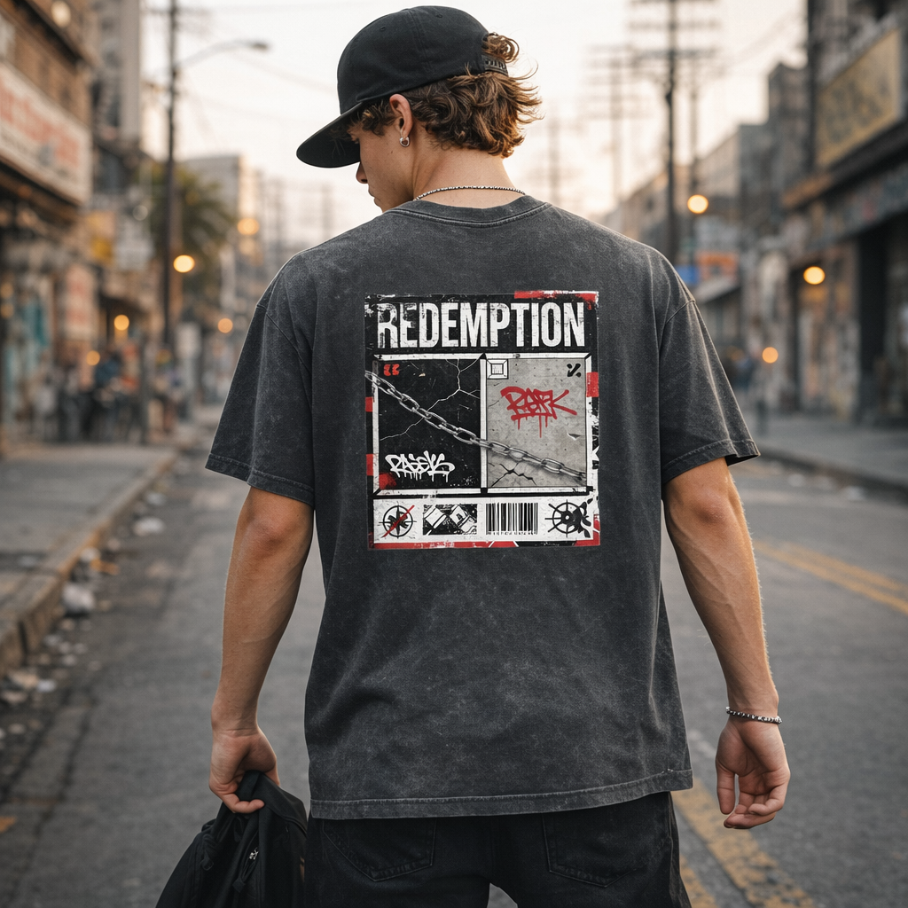 Redemption Punk men's black stone wash heavy tee – editorial back view, faith-based apparel by 4HG