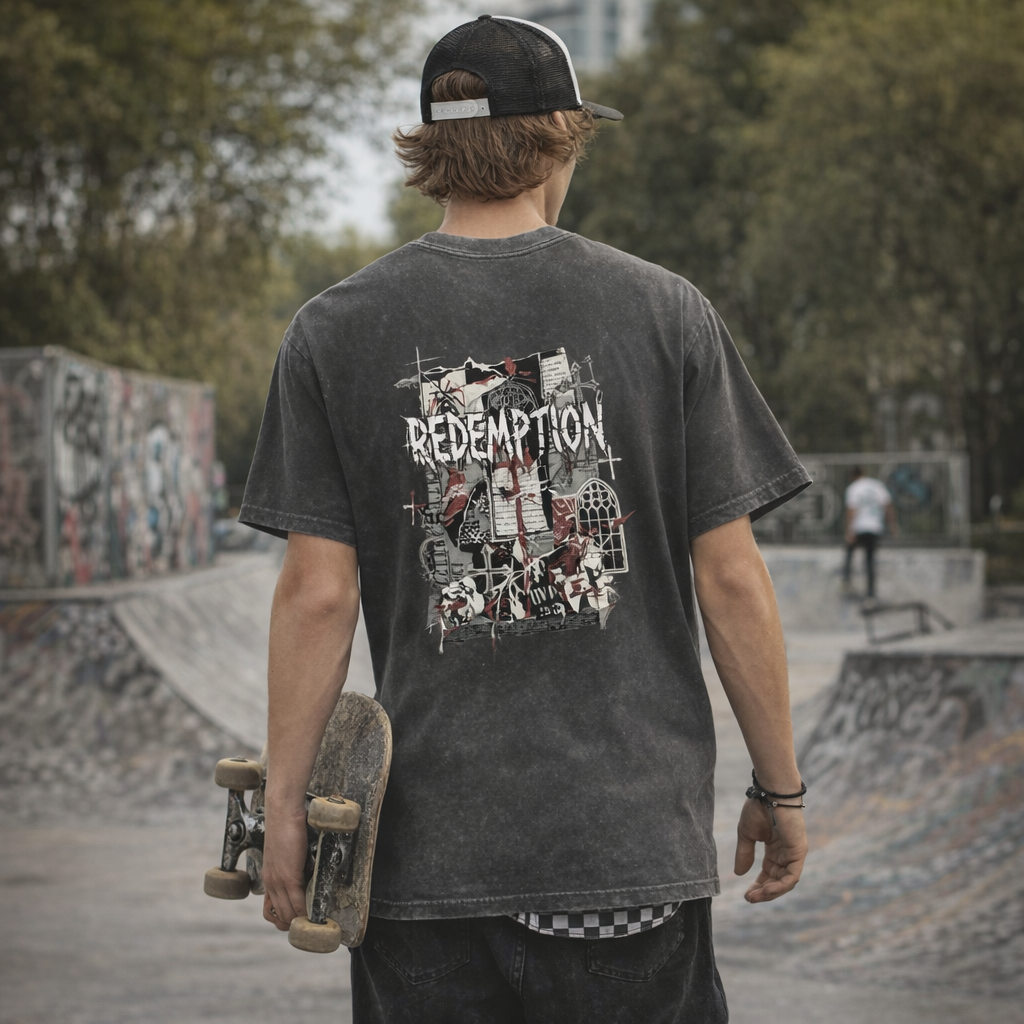 Redemption men's black stone wash heavy tee – lifestyle back view, faith-based apparel by 4HG