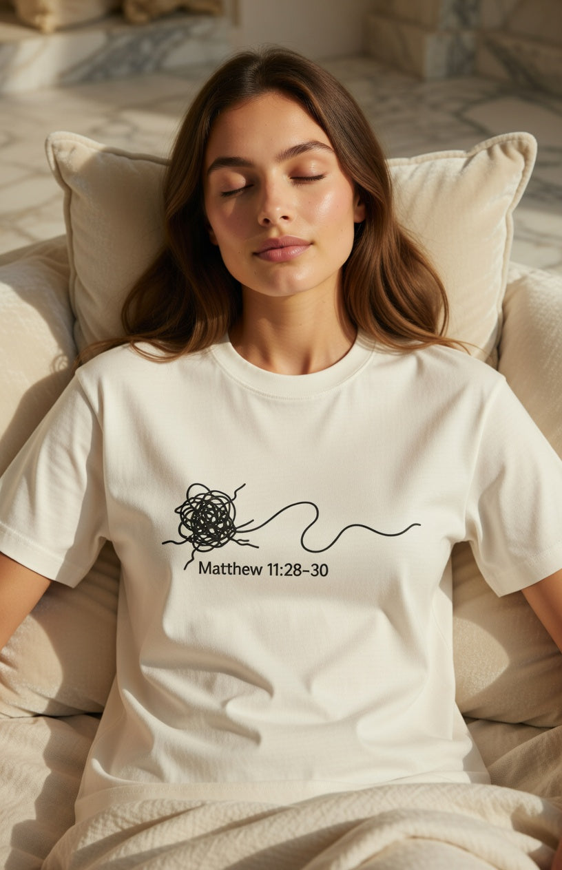 Female model wearing Rest Supima Tee in Natural — editorial front view, restful pose, Matthew 11:28 Rest gospel wordmark, 6oz SUPIMA® cotton premium faith-based tee by 4HG