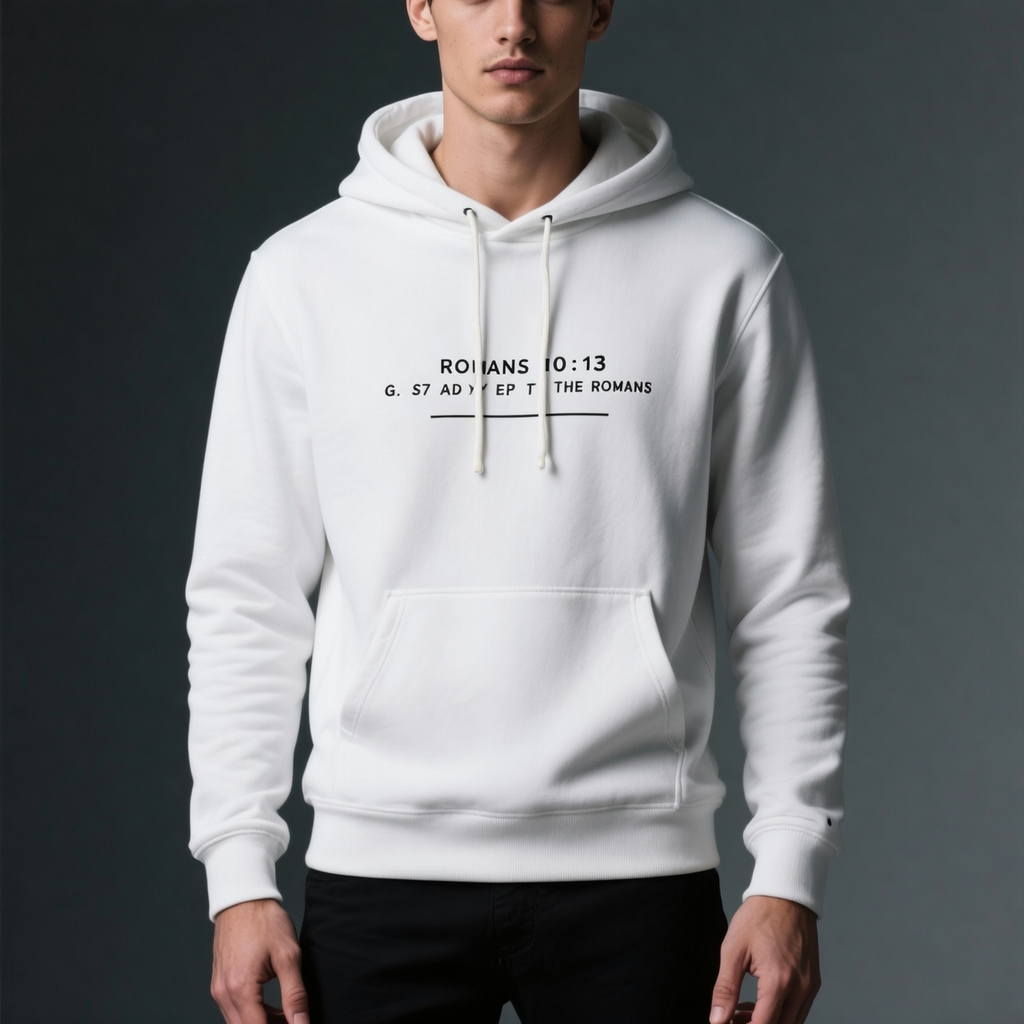 Person wearing a white hoodie with text on a dark background
