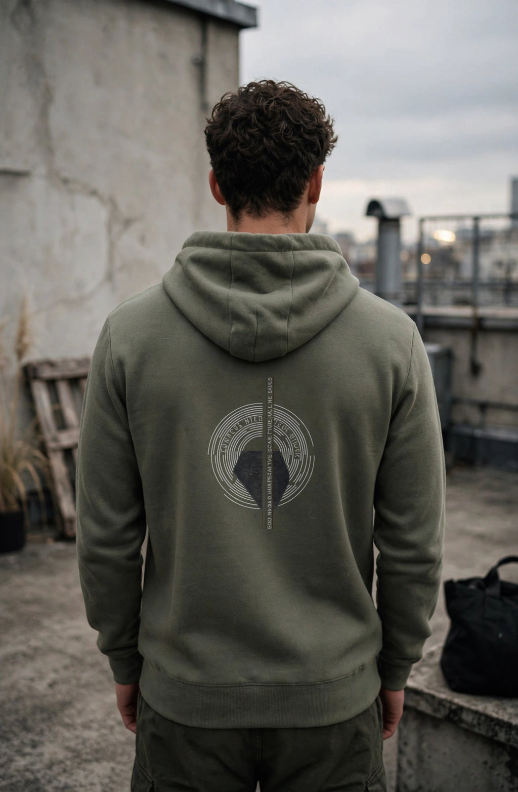 Person wearing a green hoodie with a logo on the back, standing on a rooftop.