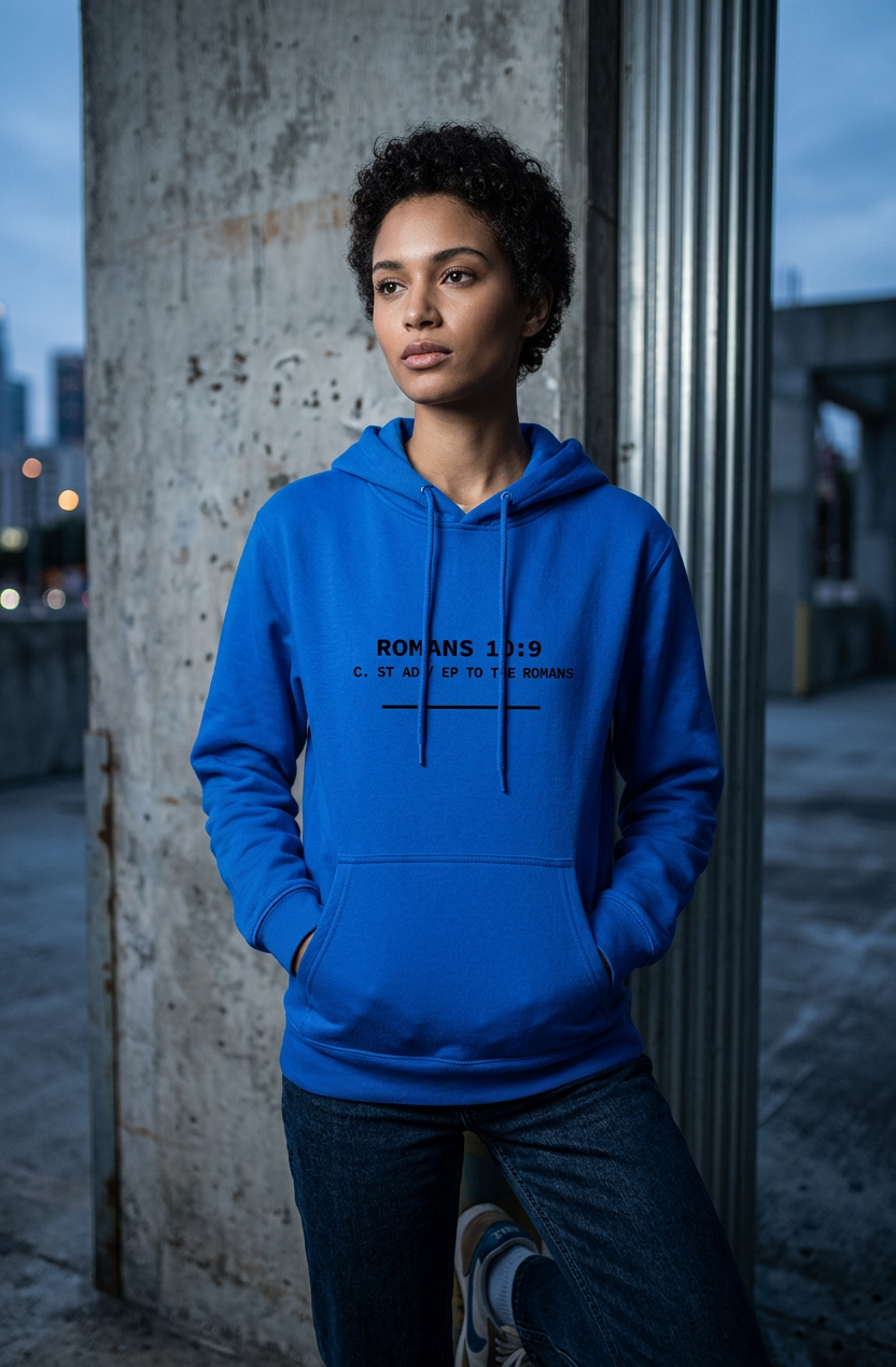 Person wearing a blue hoodie with text, standing against a concrete wall.