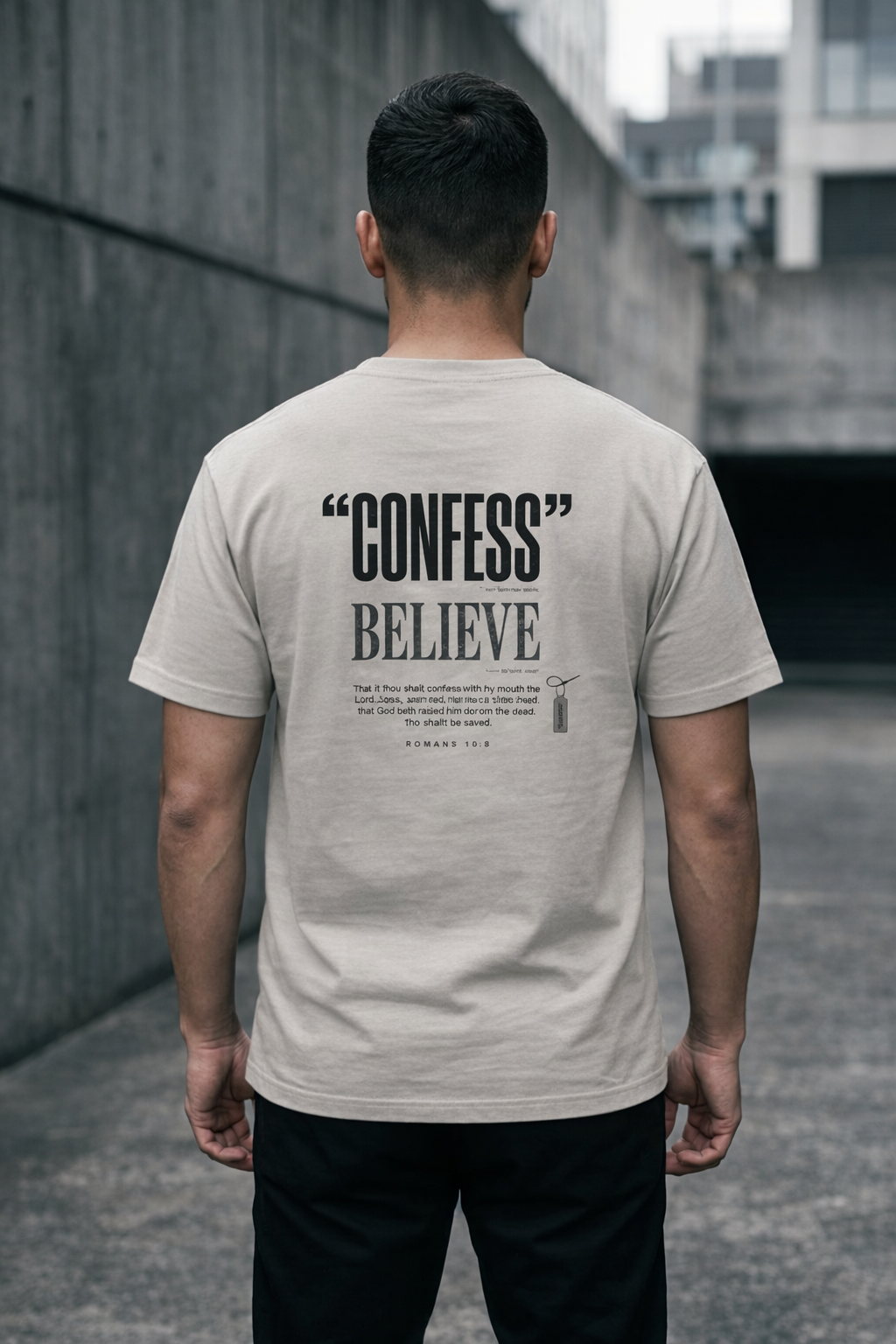 A man viewed from behind wearing a light beige t-shirt with a black graphic print on the back that reads 'CONFESS BELIEVE' and 'FONDER TYL'. He is standing outdoors in a concrete urban setting.