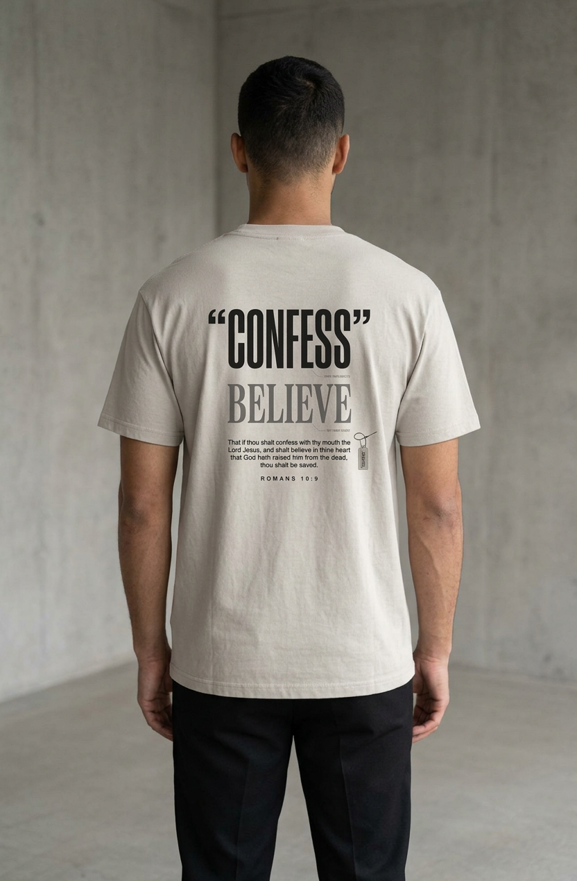 A man viewed from behind wearing a light beige t-shirt with a black graphic print on the back that reads 'CONFESS BELIEVE' and 'Psalms 15:3'.