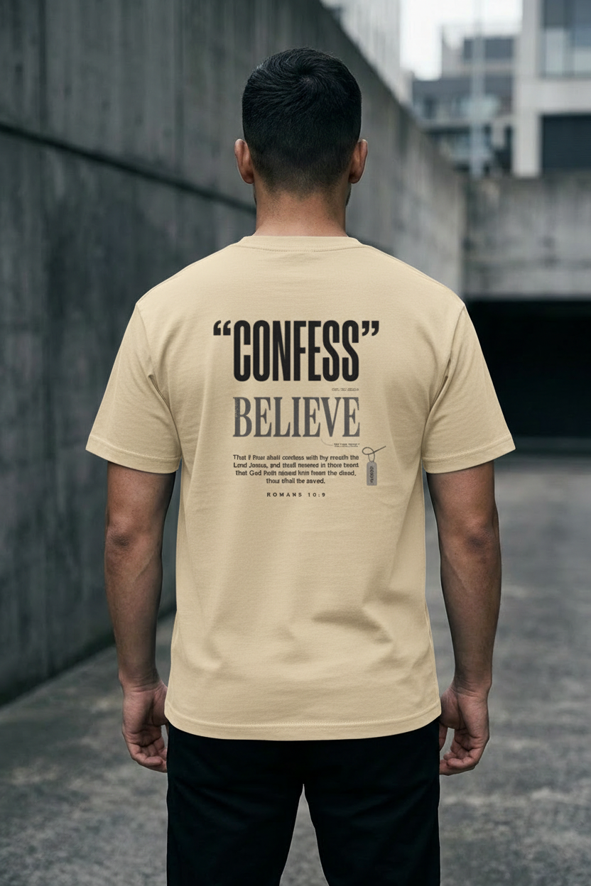 A man viewed from behind wearing a beige t-shirt with a black graphic print on the back that reads 'CONFESS BELIEVE' and a Bible verse, set against a concrete alleyway background.