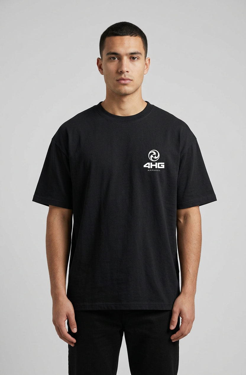 A man wearing a black short-sleeve crewneck t-shirt with a white 4HG logo printed on the left chest, photographed against a neutral light gray background.