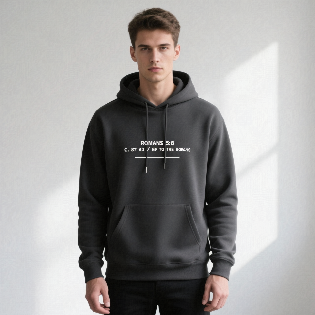 Person wearing a black hoodie with text on a light gray background