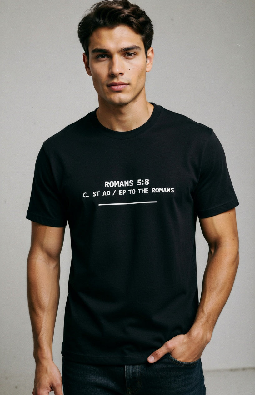 Man wearing a black t-shirt with white text on a plain background