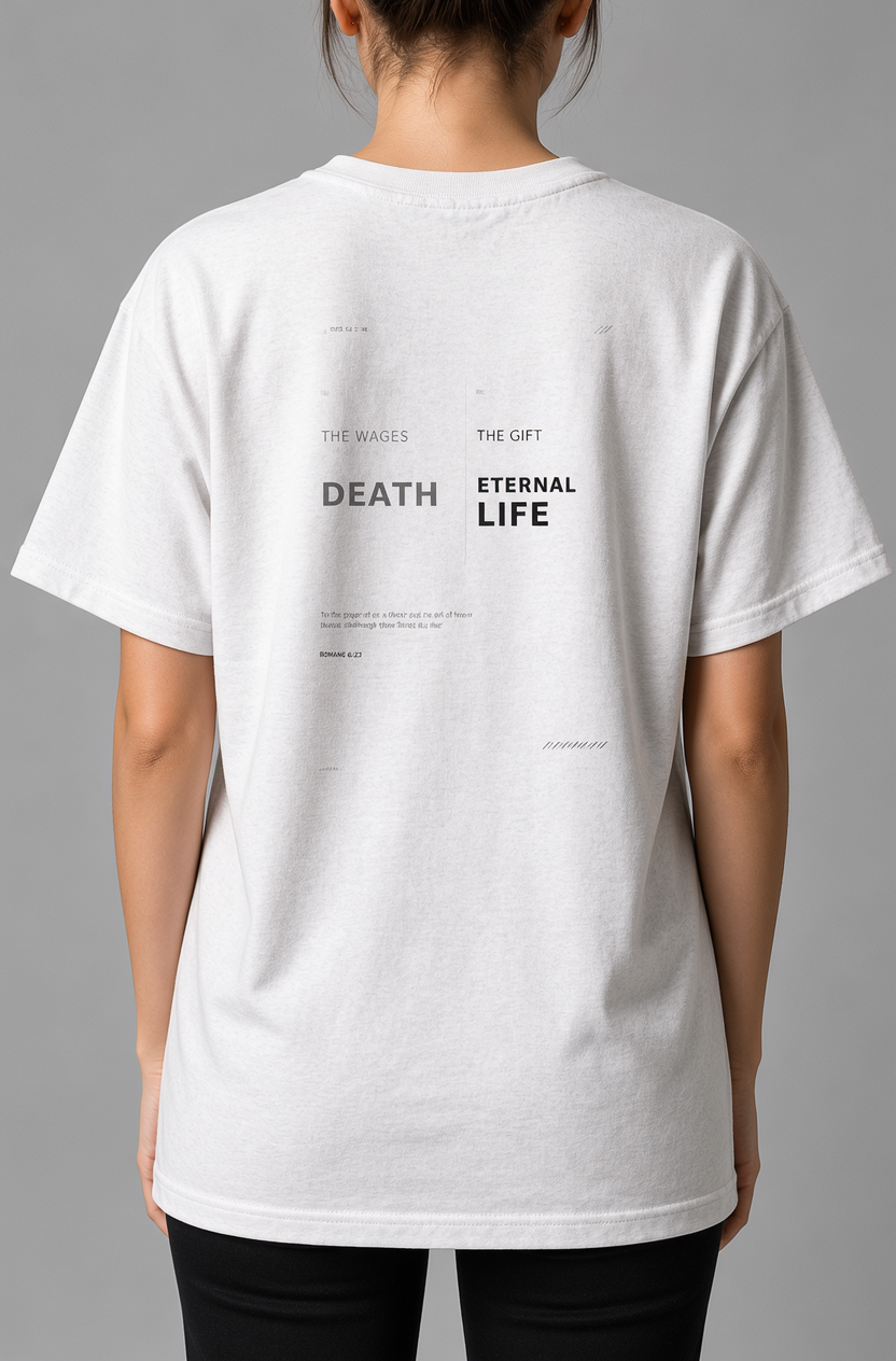 A person shown from the back wearing a white oversized T-shirt with black printed text on the back reading 'DEATH ETERNAL LIFE' and smaller text above and below, against a plain gray studio background.