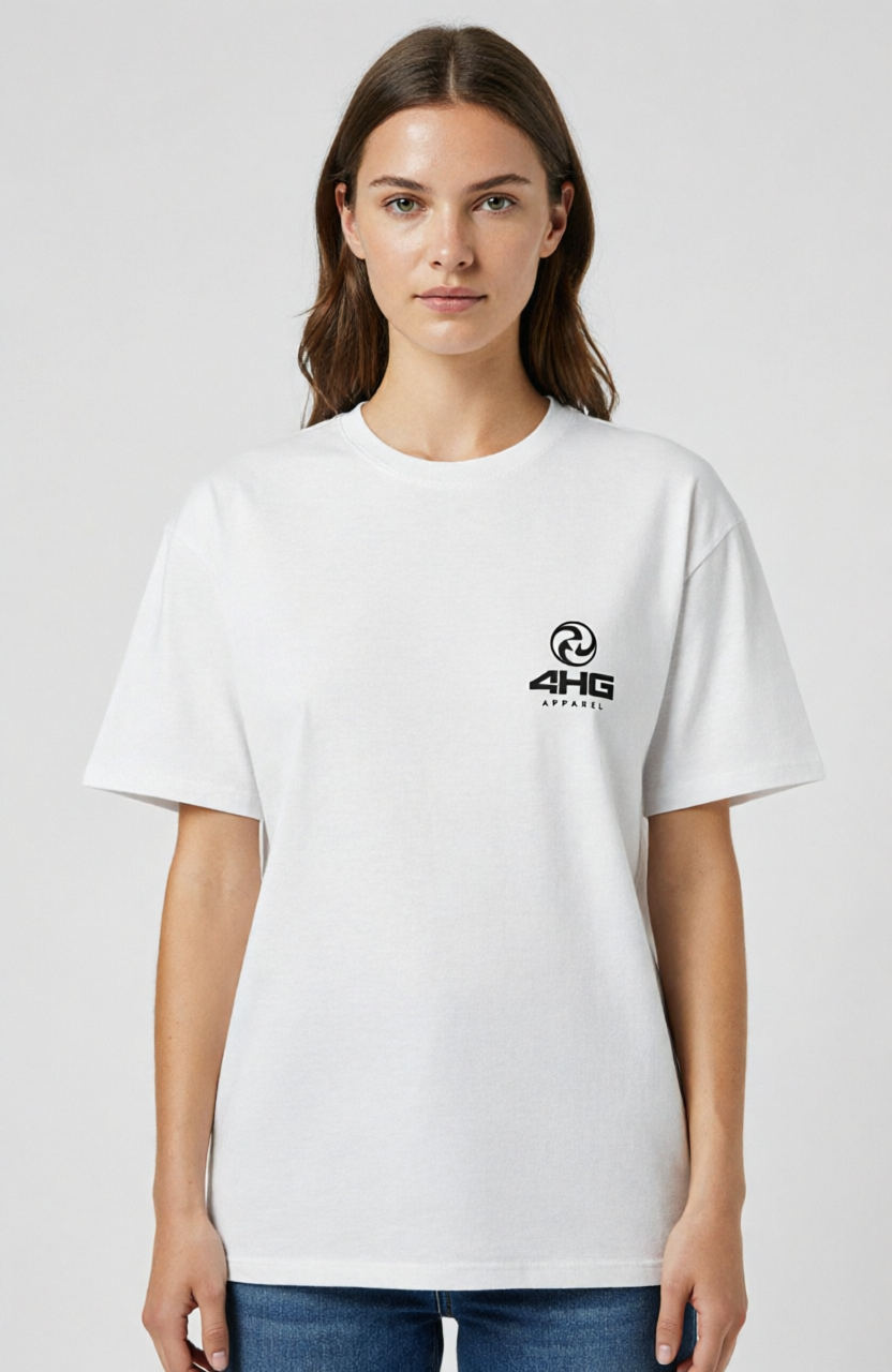 A woman modeling a white short-sleeve crewneck t-shirt with a black circular logo on the left chest that reads '4HG EXPERIMENT'.