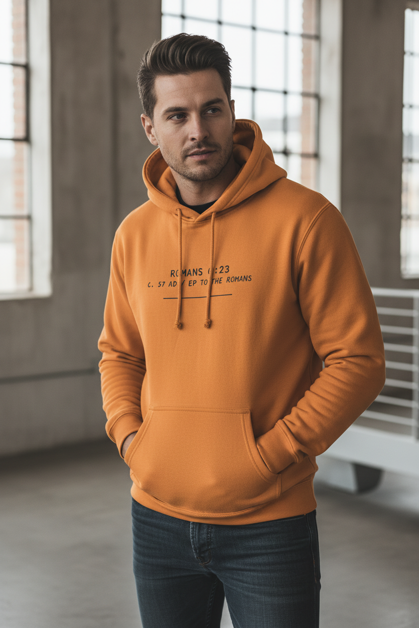 Man wearing an orange hoodie with text, standing in a room with large windows.