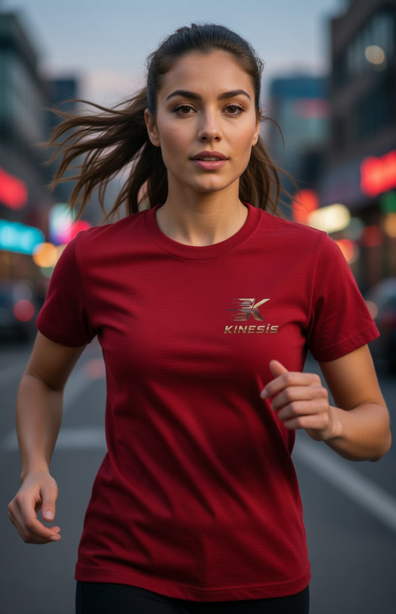 Woman running on a city street wearing a red Kinesie t-shirt