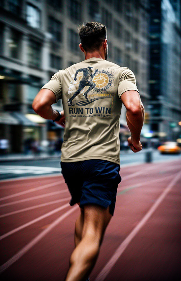 Man running on a city street with 'Run to Win' t-shirt