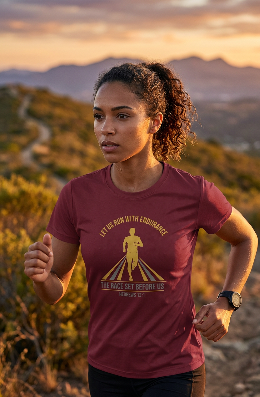 Woman running outdoors with a scenic background