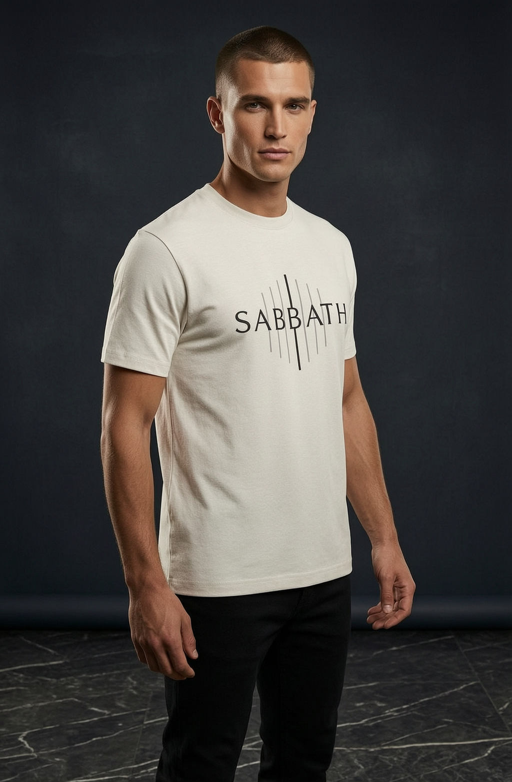Man wearing a white t-shirt with 'SABBATH' printed on it against a dark background